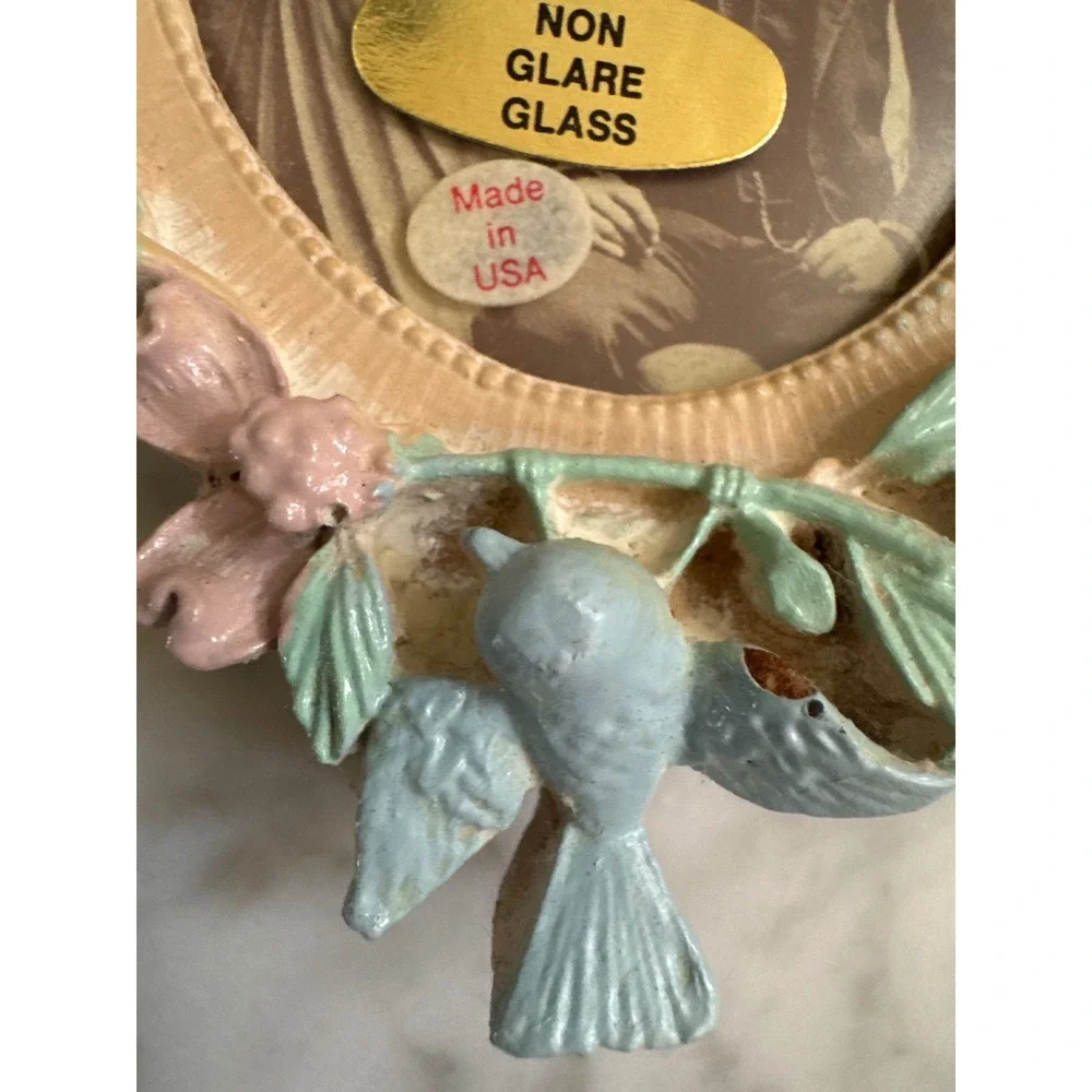 Vintage Bird and Floral Oval Picture Frame Non Glare Glass Made in USA Cream 5